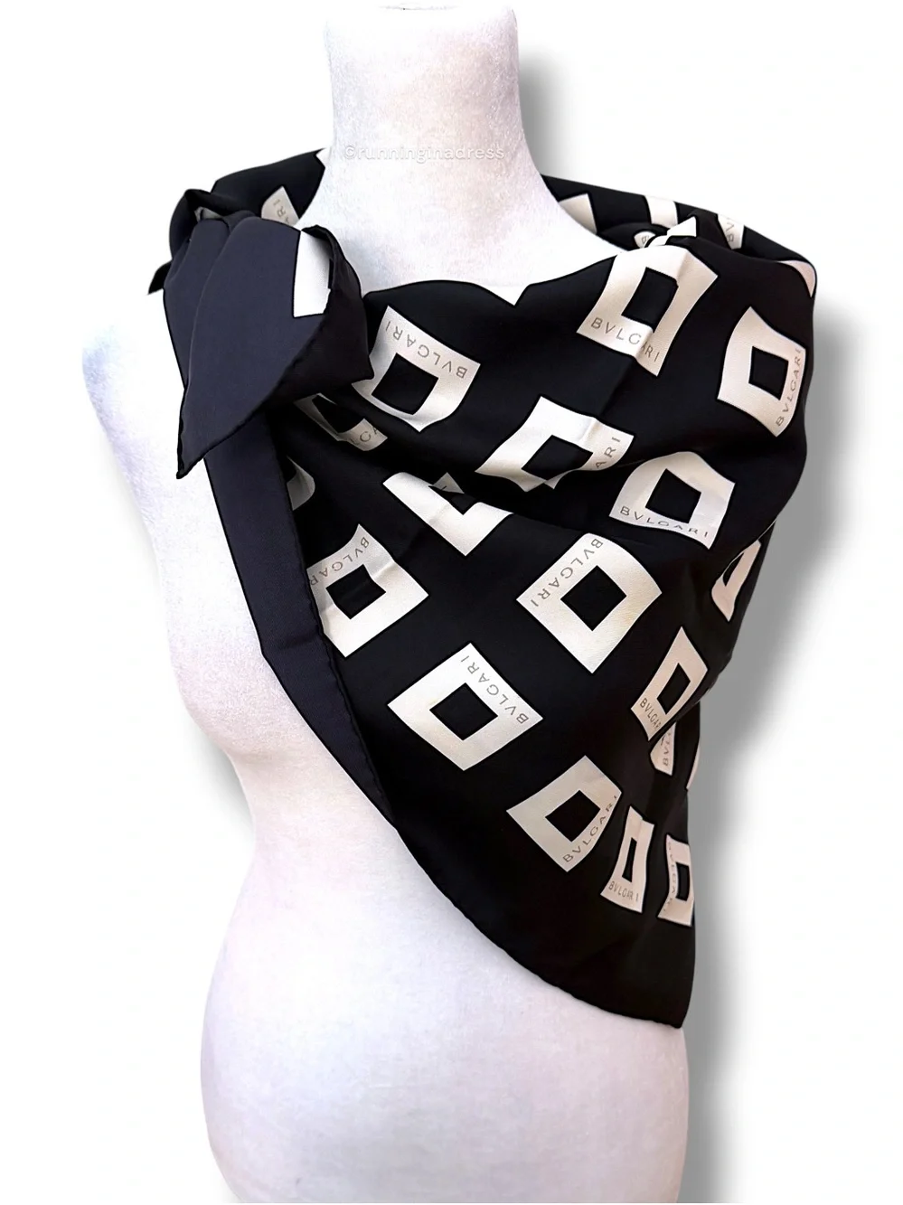 BVLGARI Vintage Quadrato Silk Scarf Black Cream Copper Geometric Square 90cm